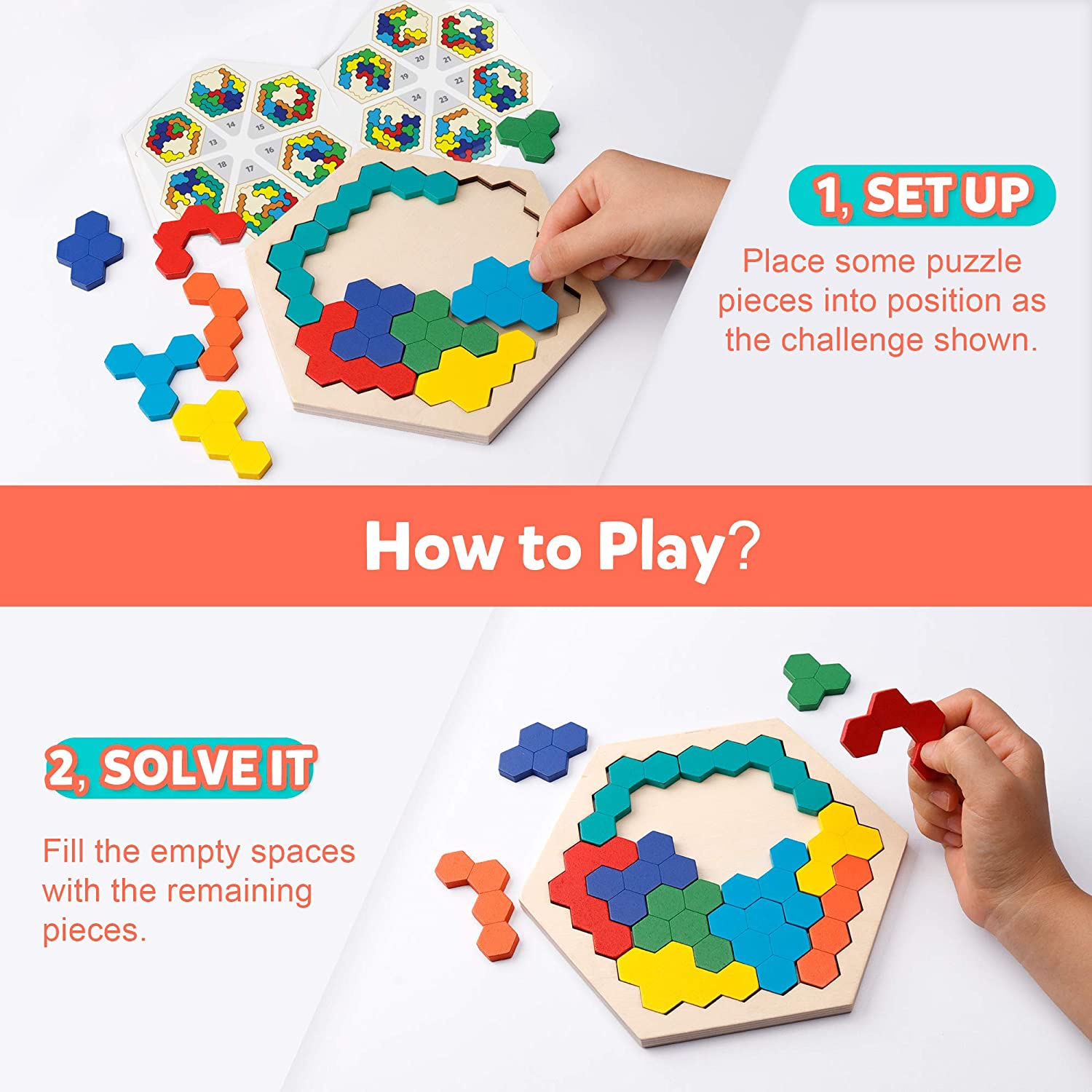 Coogam Wooden Hexagon Puzzle for Kid Adults - Shape Block Tangram Brain Teaser Toy Geometry Logic IQ Game STEM Montessori Educational Ages 3+ Challenge image number 1
