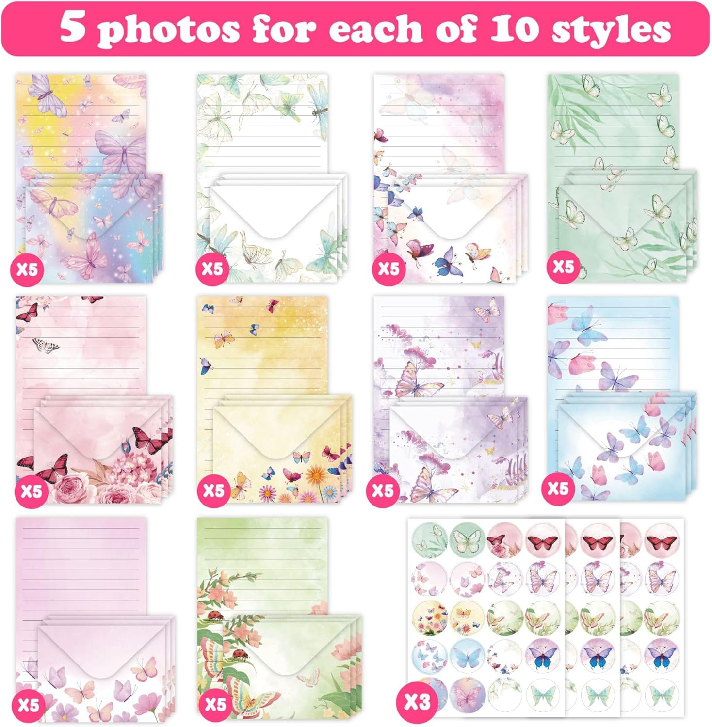 Buziba 160 Pcs Watercolor Butterfly Stationery Paper Writing Papers Matching Envelopes Set with round Stickers Lined Lettler for Writing Letters Greeting Cards Invitations (Watercolor Butterfly) image number 1