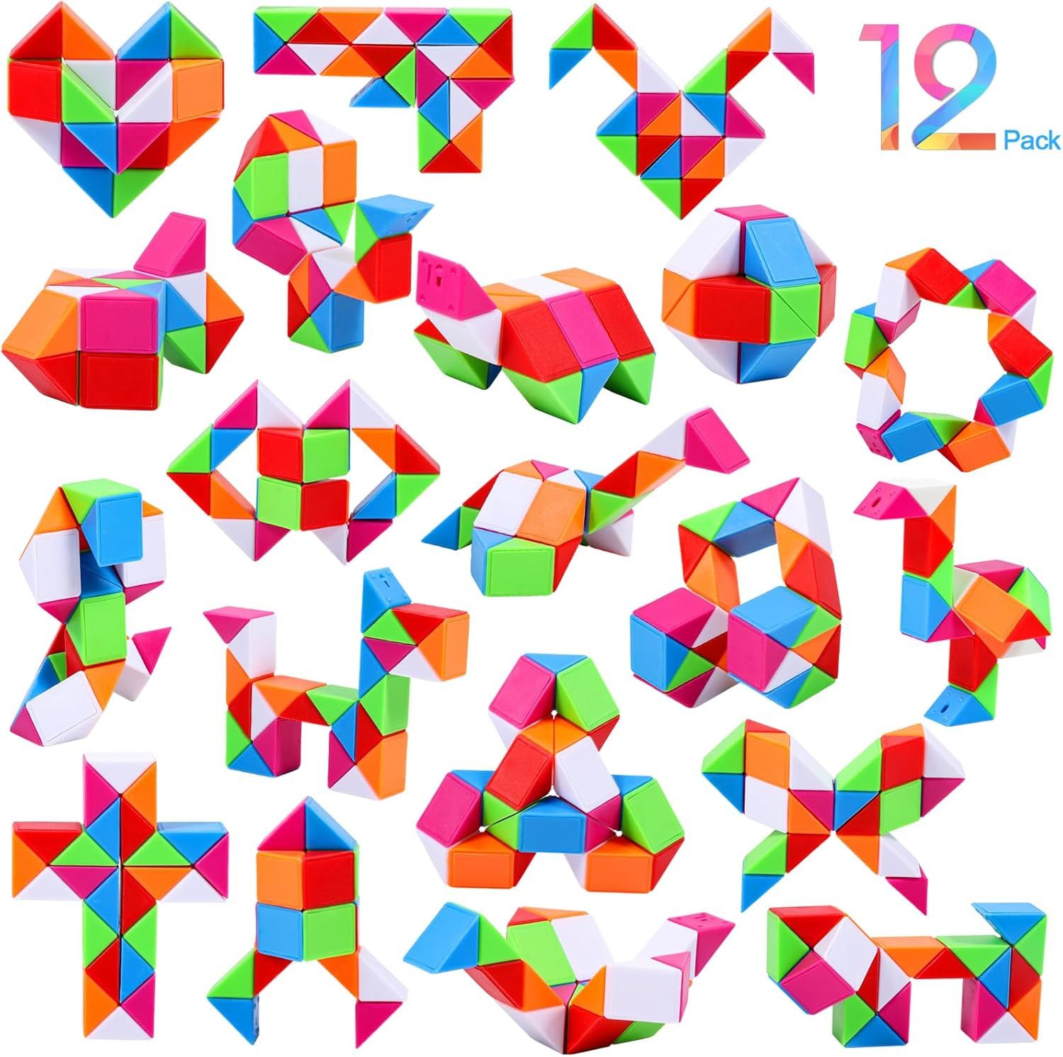 JOLLYFUN 12 Pack Magic Snake Cube Fidget Toys for Kids - 24 Blocks Rainbow Twist Puzzle, Party Favors, Classroom Prizes, Birthday Goodie Bag Fillers, Stress Relief Sensory Toys image number 1