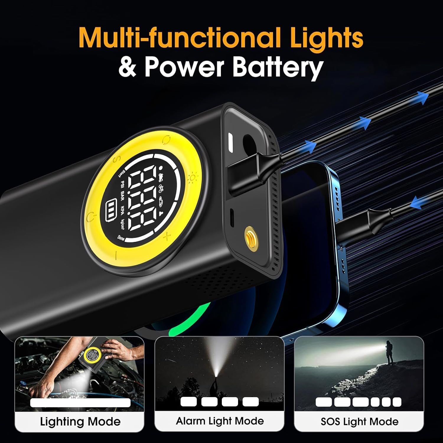 Tire Inflator Portable Air Compressor - 5X Faster 150 PSI Cordless Air Pump for Car Tires with Digital Pressure Gauge & Auto Shutoff, Emergency LED Light for Motorcycle/Bike/Ball