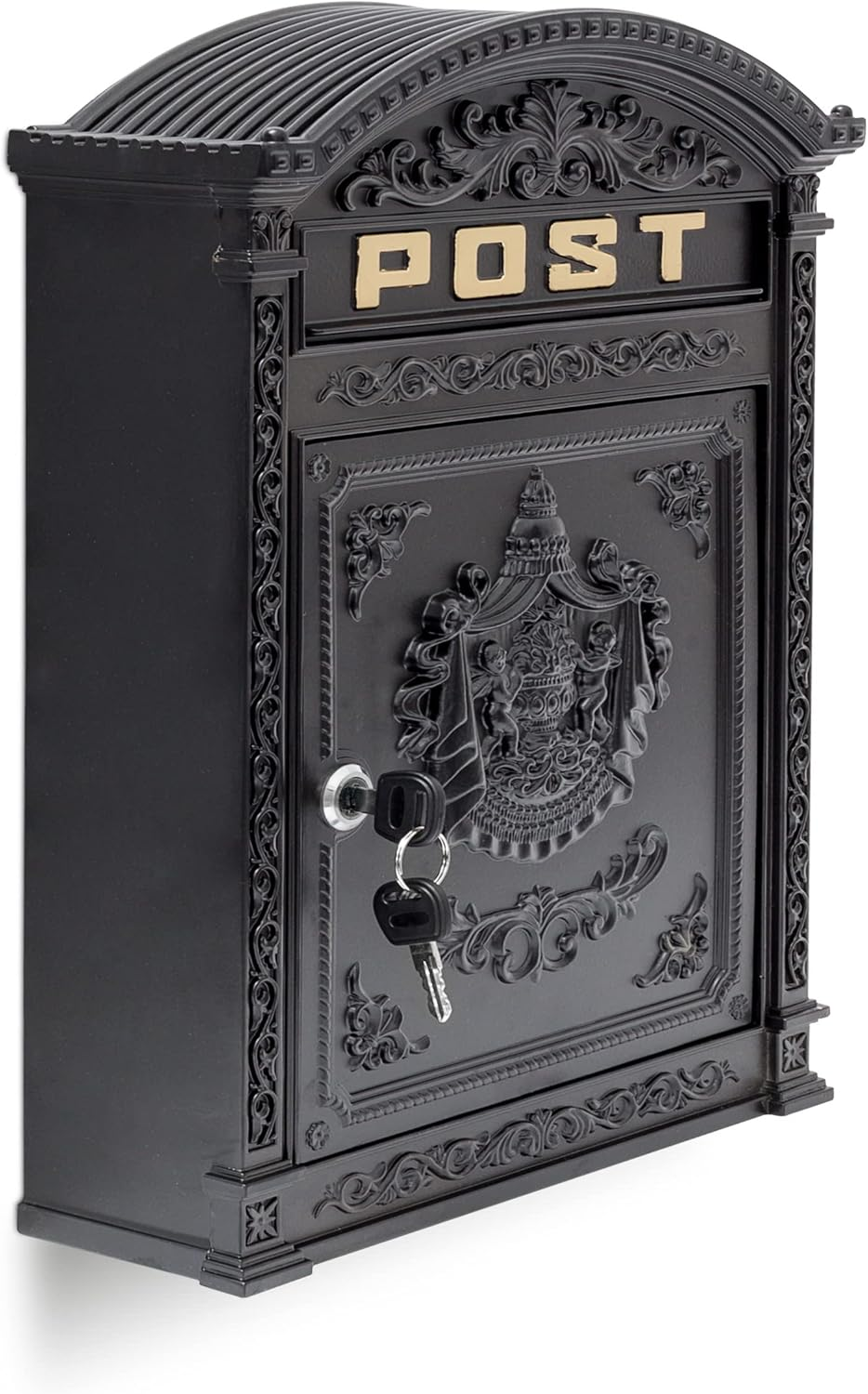 Relaxdays Antique Letterbox, 44.5 X 31 X 9.5 Cm, English-Style Wall-Mount Mailbox, Cast Aluminum, for DIN A4 Letters, with Roof, Black