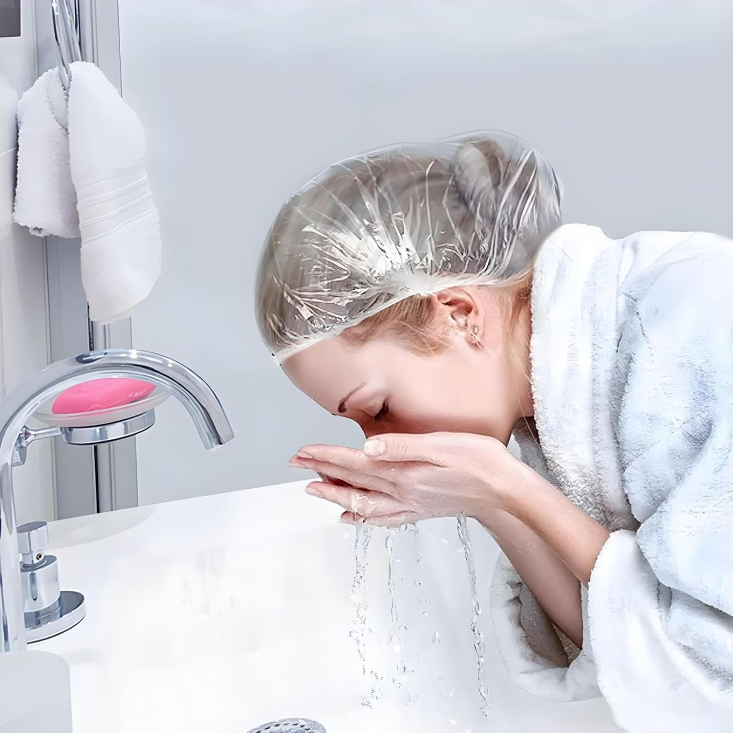 Disposable Shower Caps 100Pcs - Individually Wrapped Shower Caps Large&Thick Waterproof Clear Plastic Elastic Hair Bath Caps for for Women Spa Home Hotel Hair Salon Portable Travel image number 3