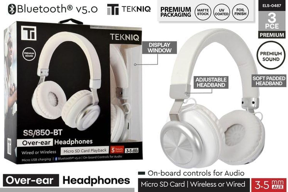 Tekniq SS/850-BT Wireless Over-Ear Headphone with Onboard Playback, White