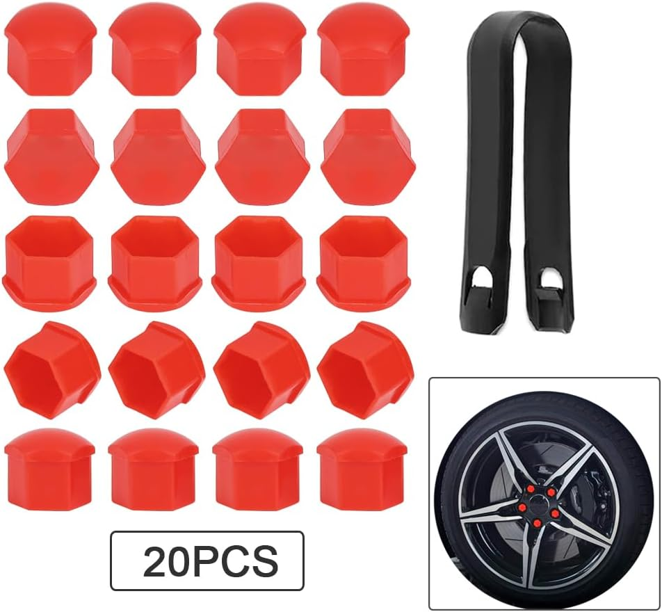 Qitindasen Pack of 20 17Mm Car Wheel Nut Covers, Universal Tyre Nut Caps, Hexagonal Car Hub Screw Cover with Removal Tool (Red) image number 5