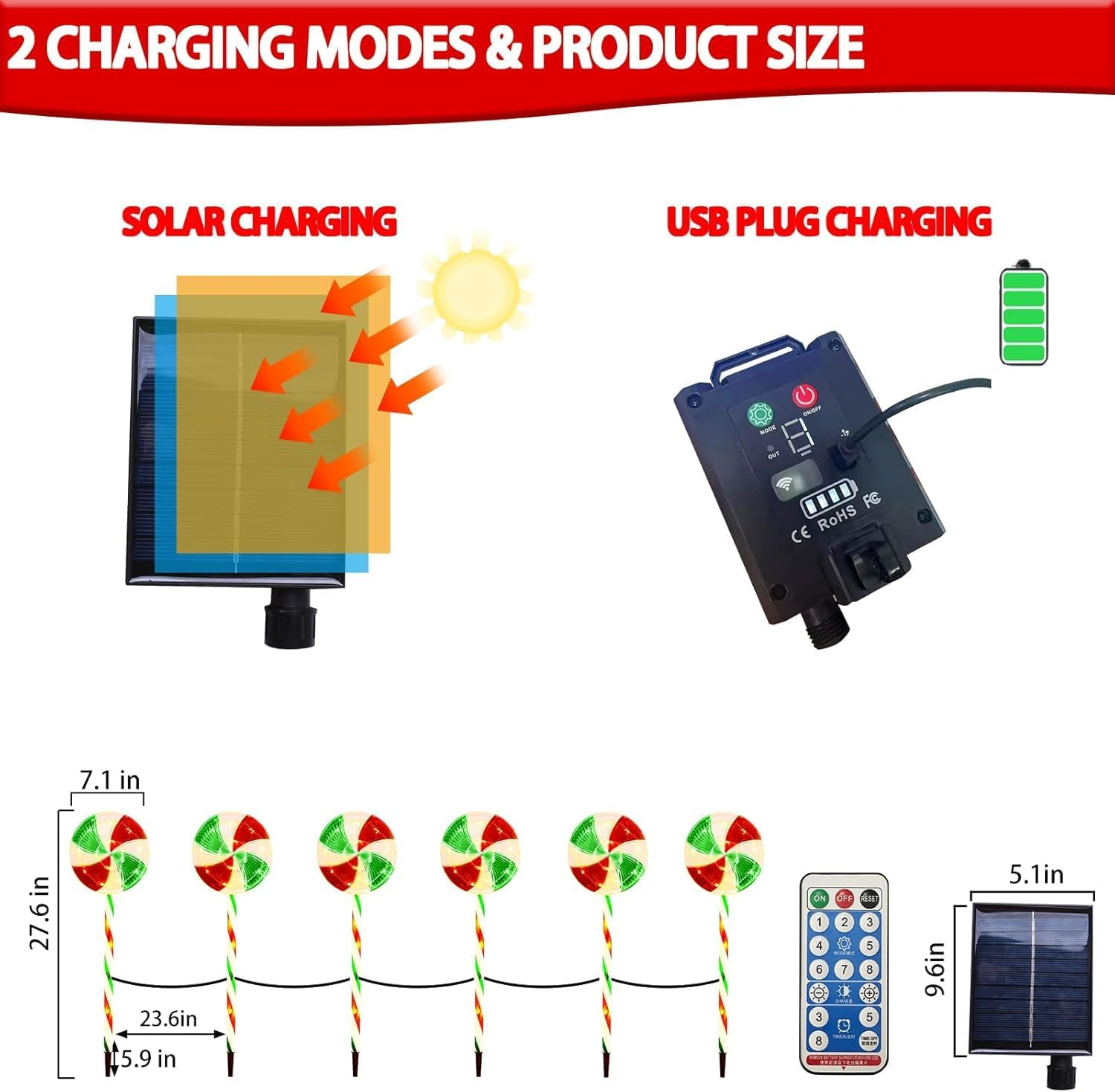 QINER Christmas Solar Lollipop Lights, 4 Pcs with 8 Modes, Green, Warm White, Outdoor Holiday Decoration, Pathway Lighting image number 4