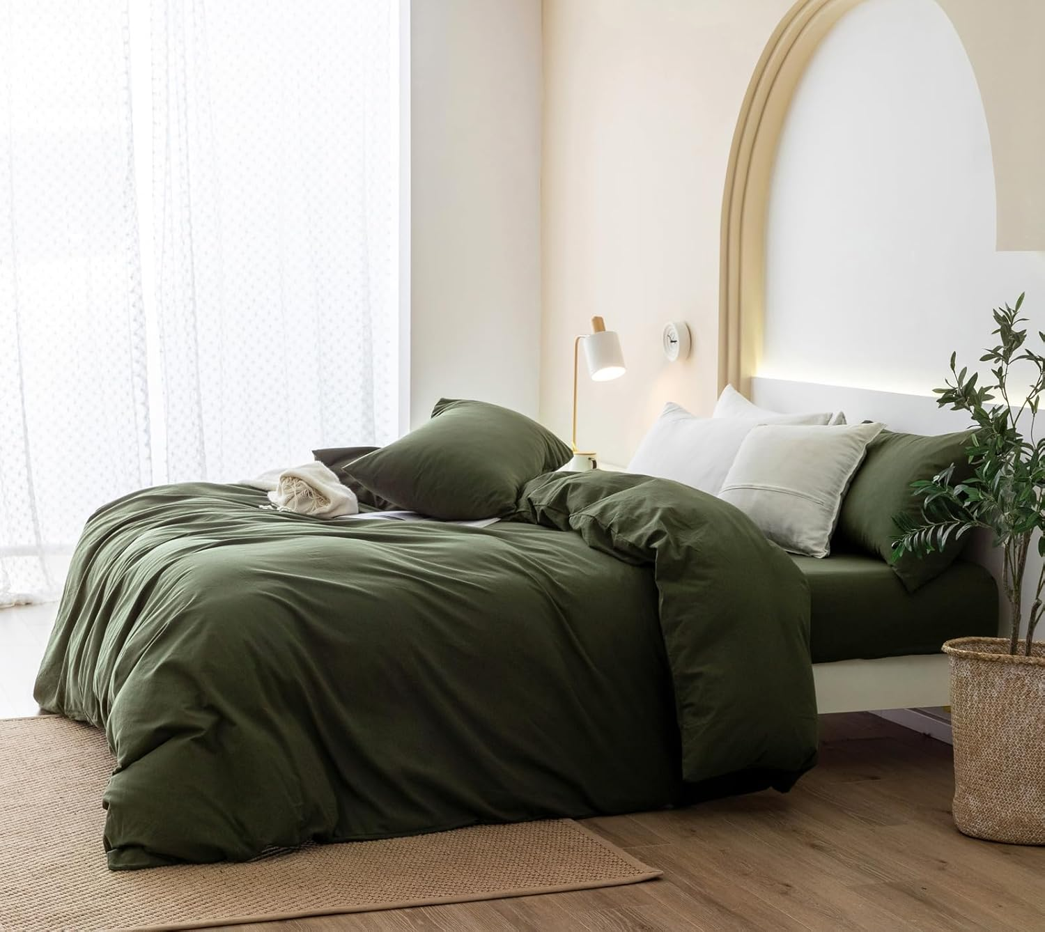 JIYUAN 100% Washed Cotton Duvet Cover Set Comfy Simple Style Soft Breathable Textured Durable Linen Feel Bedding for All Seasons King Size, Solid Olive Green