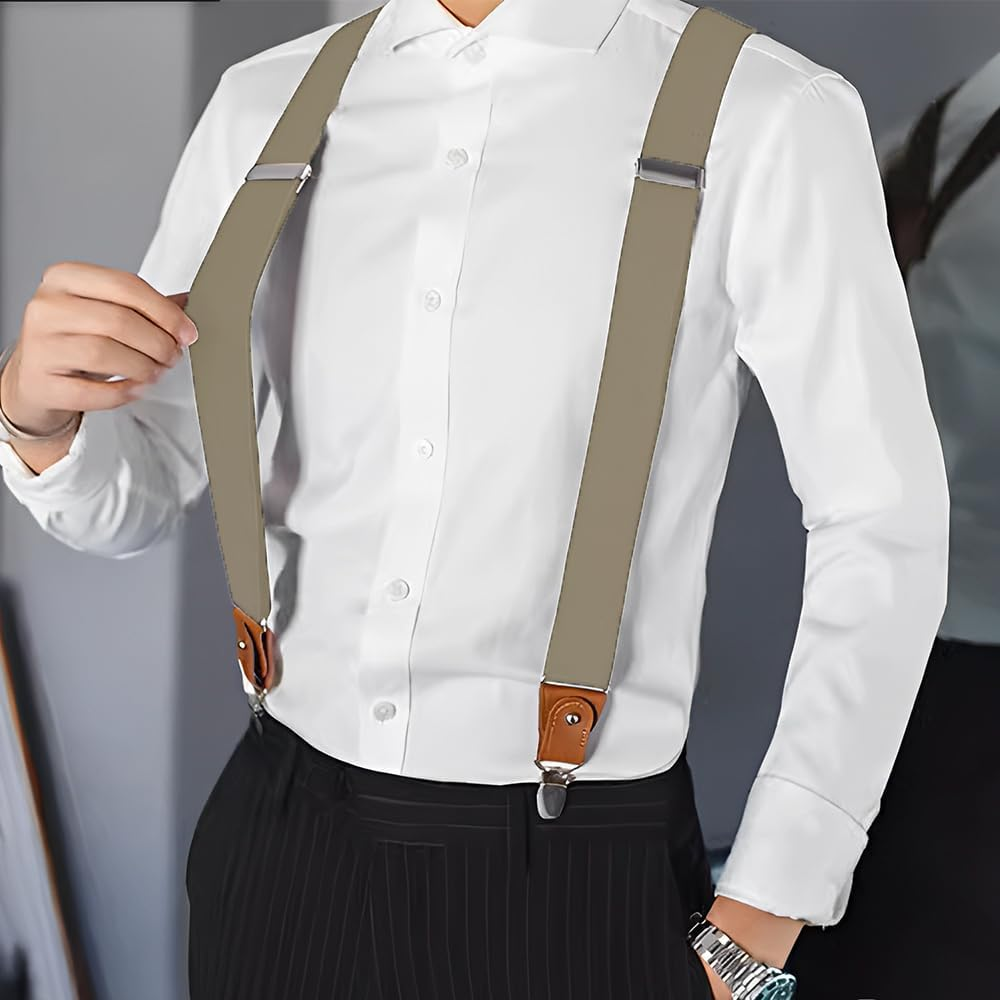 Suspenders for Men Adjustable Y Back Suspenders Elastic Mens Braces Mens Suspender with Strong Metal Clips for Men Women Trousers Jeans Suit Pants Tuxedo, Khaki image number 2