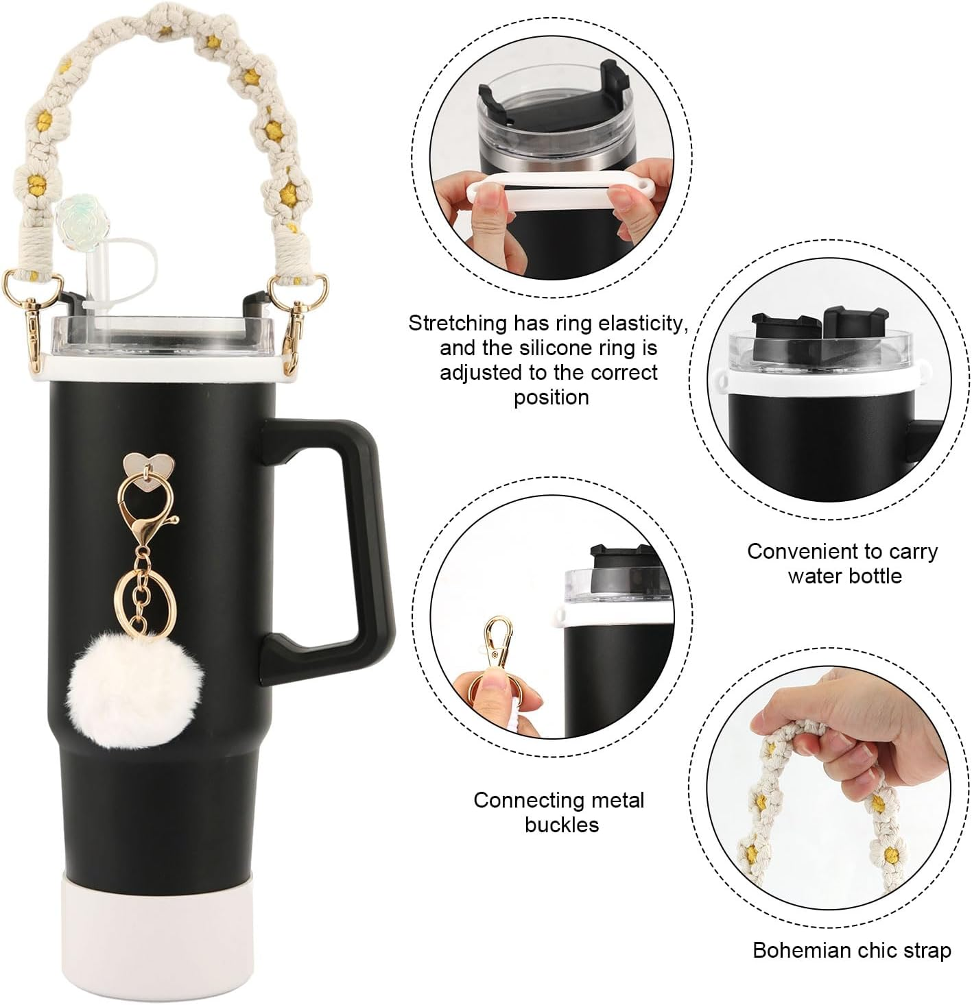 Mug Accessories Set for Stanley, Included Water Bottle Handle Strap Silicone Boot Straw Lid Keychain for Stanley Cup 40Oz 30Oz Tumbler - White image number 3