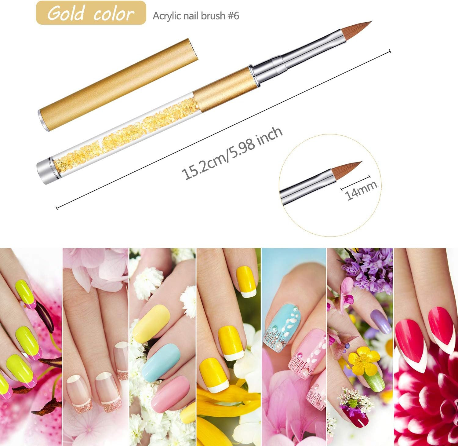 5 Pieces Rhinestone Nail Brush Set Metal Handle 3D Nail Art Brush Salon Using Acrylic Manicure Brush, Size 4, 6, 8, 10, 12 image number 1