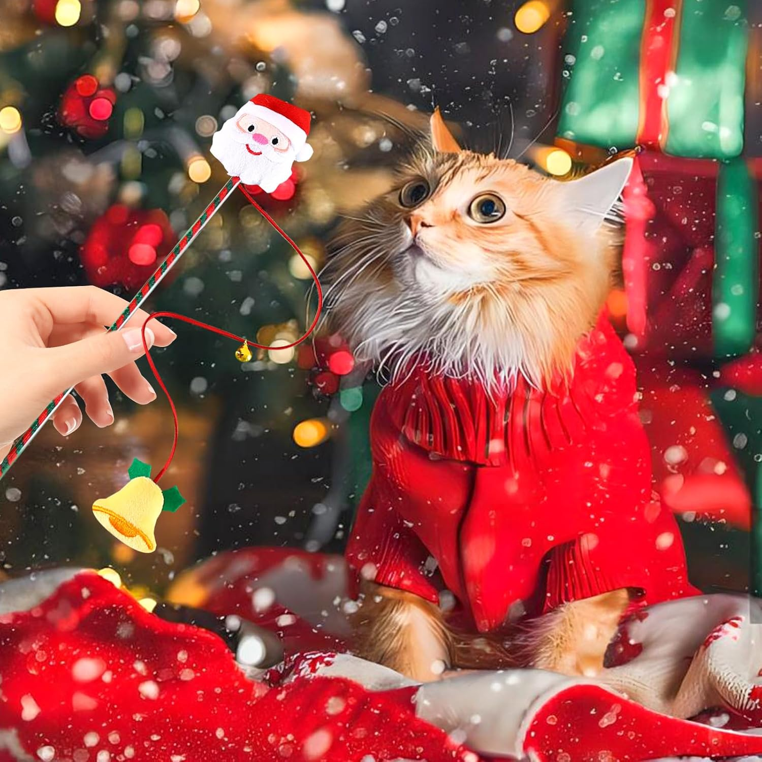 4 Pcs Christmas Cat Wand Toy,Christmas Design Interactive Cat Teaser Wand Toys with Bells,Funny Kitten Stick Toys for Indoor Cats,Christmas Party Cat Toys for Cat Interactive,Training image number 4