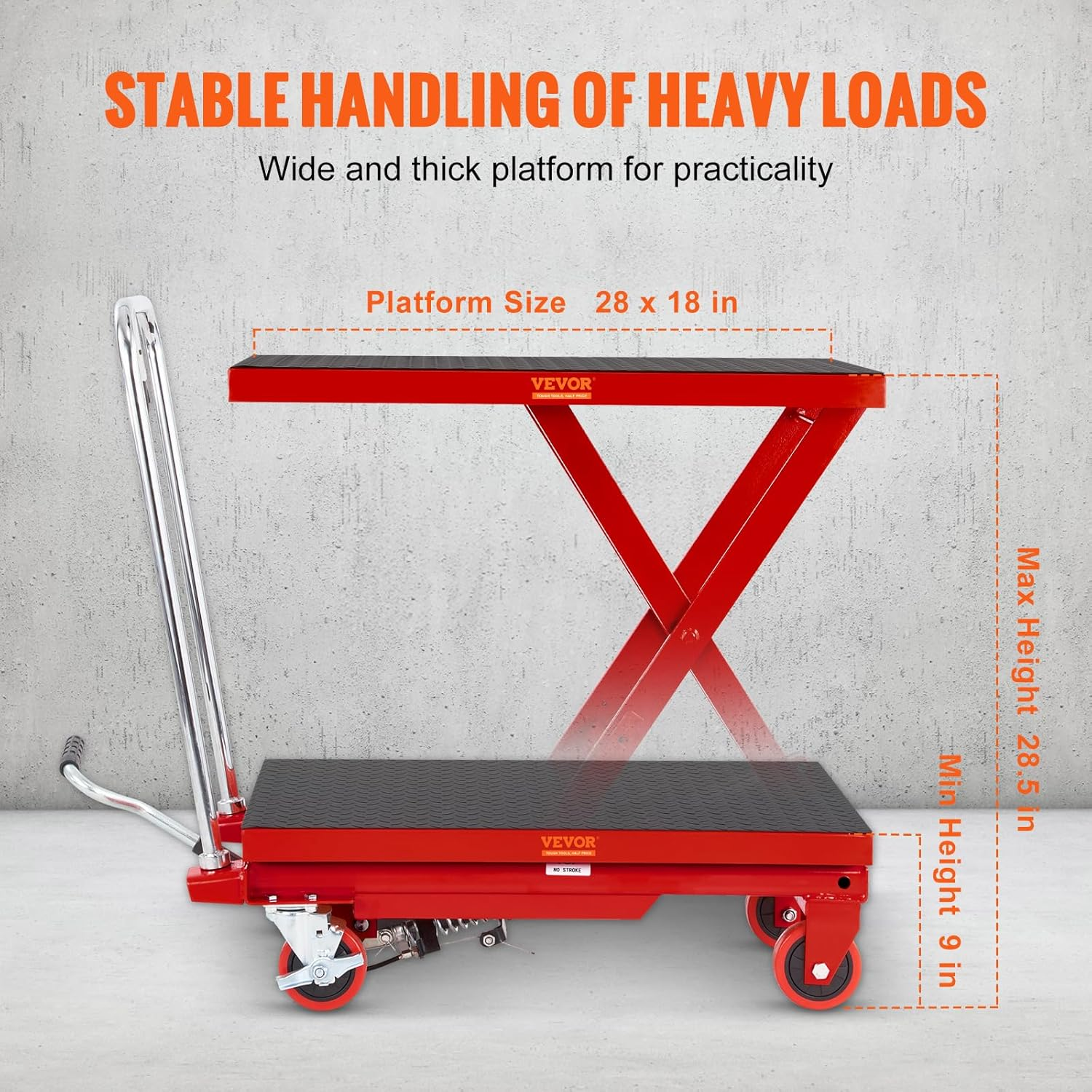 VEVOR Hydraulic Lift Table Cart, 500Lbs Capacity 28.5" Lifting Height, Manual Single Scissor Lift Table with 4 Wheels and Non-Slip Pad, Hydraulic Scissor Cart for Material Handling, Red image number 2