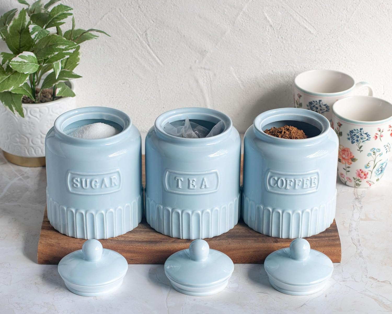 The House of Florence Kitchen Canisters Set, 3 Piece Coffee Tea Sugar Storage Containers, Soft Blue image number 4
