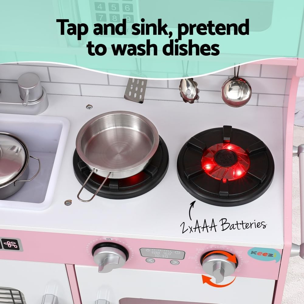 Keezi Kids Wooden Pretend Kitchen Play Set Pot Ice Cup Oven Blackboard 80CM Pink image number 2