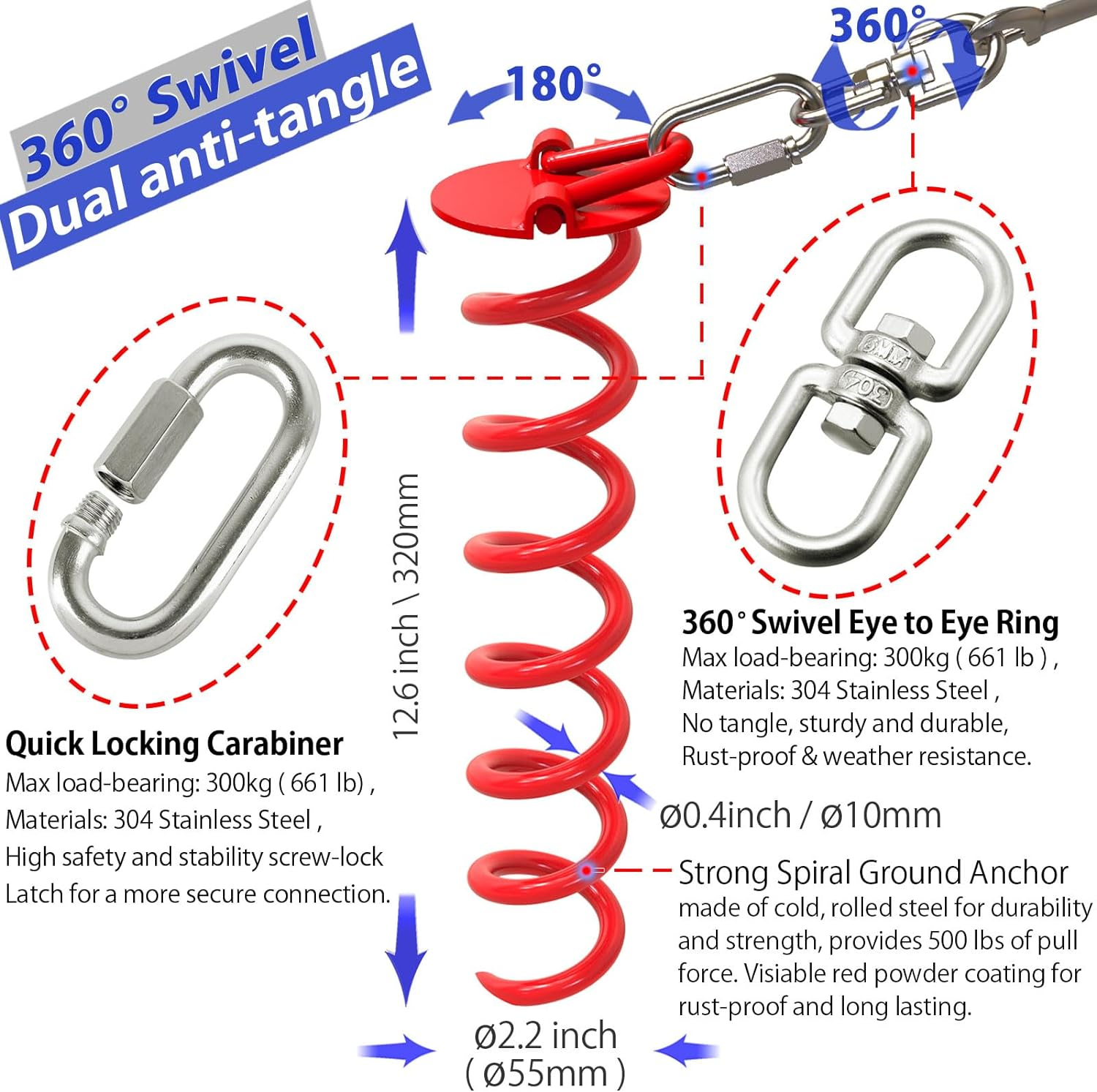 Tie Out Cable and Stake - 360&deg; No Tangle Spiral Yard Stake and Leash for Small to Large Dogs up to 125 Lbs - Chain for Yard Camping Park