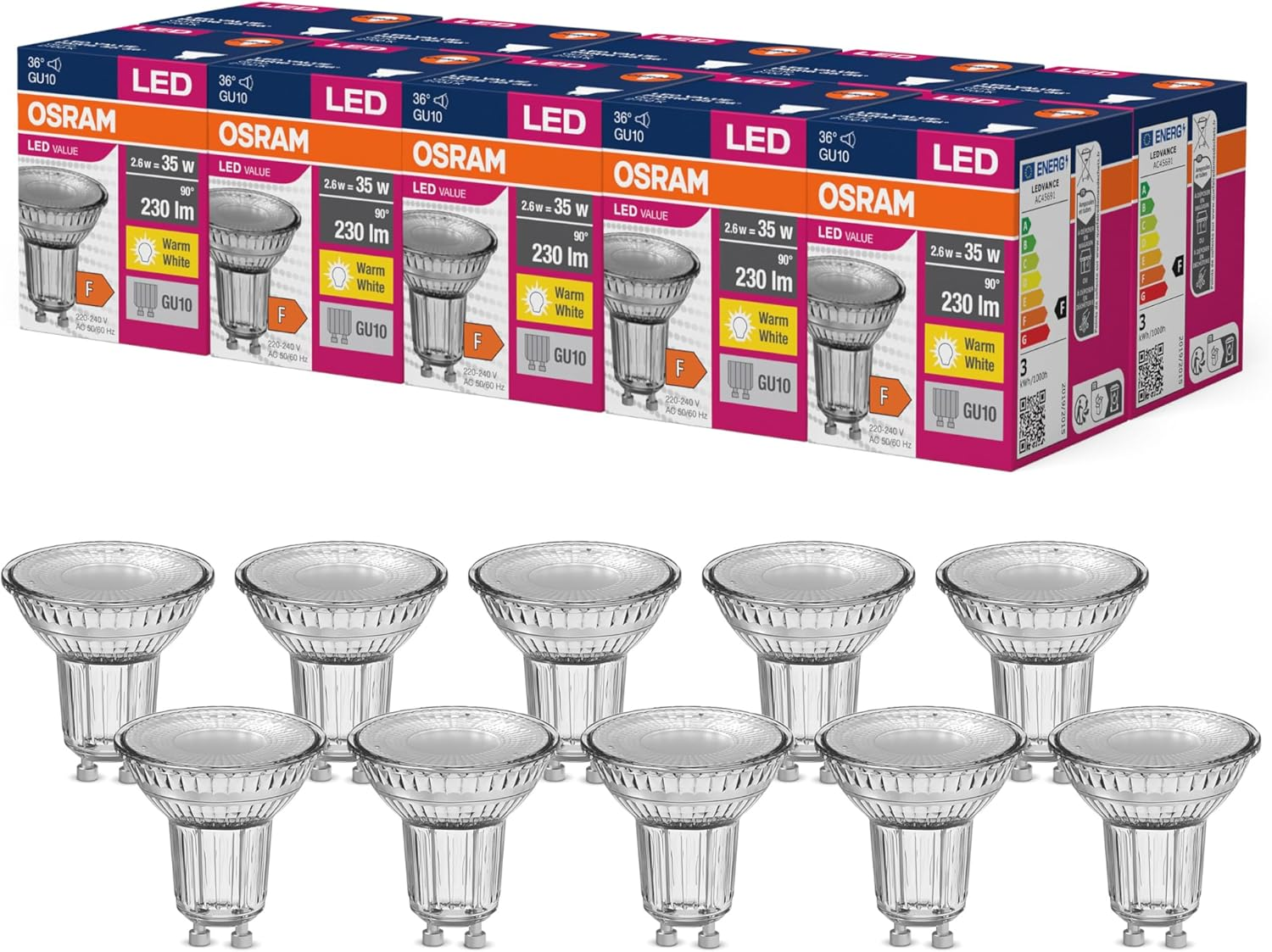 OSRAM LED Star Value PAR16 Reflector Bulb with 36 Degree Beam Angle, GU10 Base, 2.6 Watt, Warm White (2700K), Replacement for Traditional 35 Watt Spot Lamps, Pack of 10 image number 1