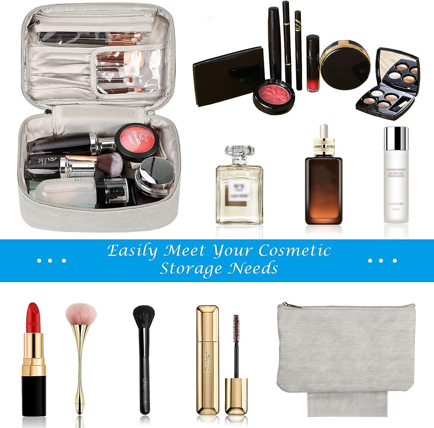 Makeup Bag Cosmetic Bag, 1+1 Travel Makeup Organizer with Makeup Brushes Compartment, 9 X 6Inch Multifunctional Toiletry Bag Portable Waterproof Make up Pouch for Women Girls (Grey)