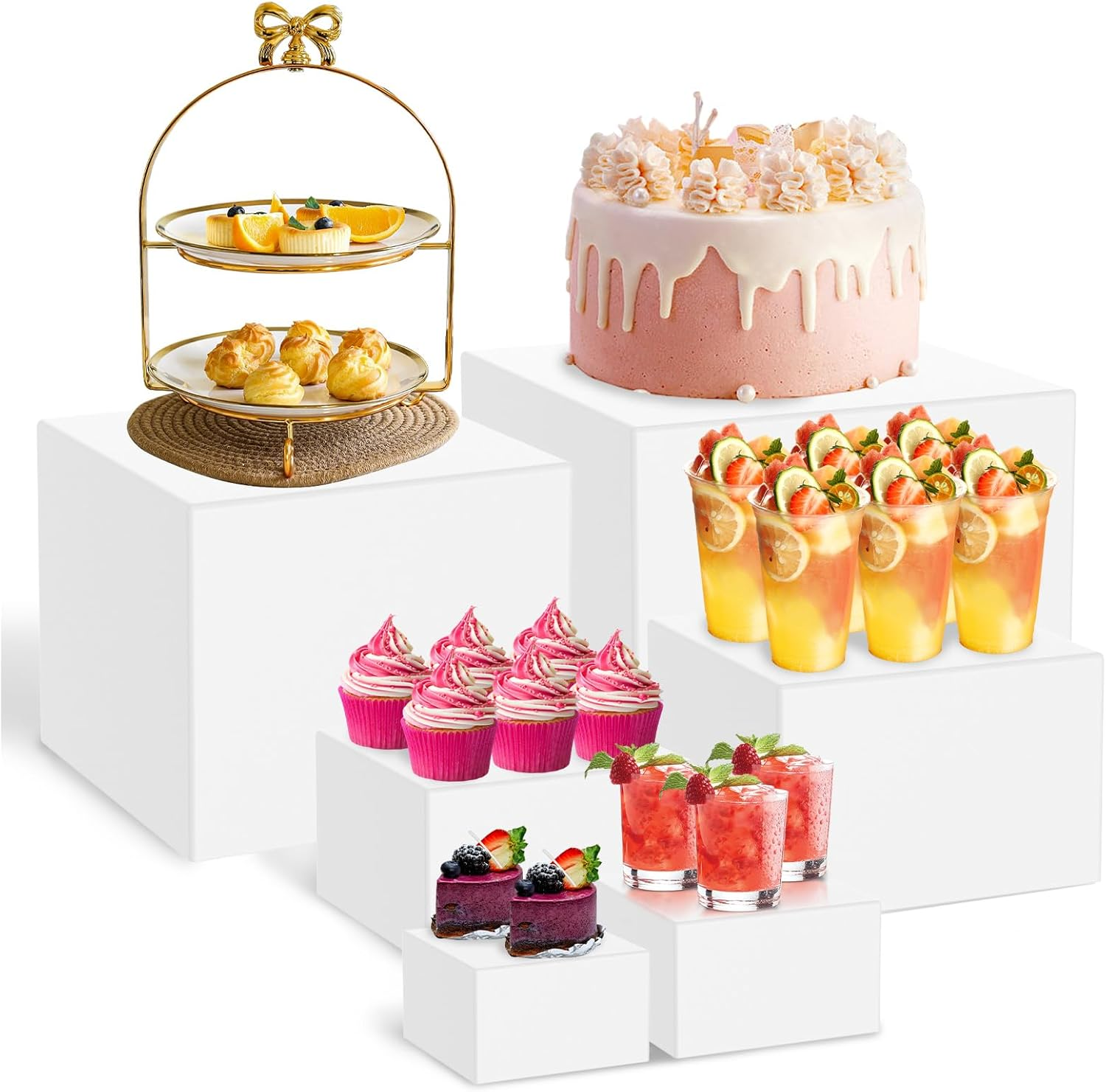 6 Pcs Acrylic Display Boxes Risers, 6 Different Sizes Stackable Buffet Stands, Food Display Risers for Party Buffet Table 3 Inch + 4 Inch + 5 Inch + 6 Inch + 7 Inch + 8 Inch (White)