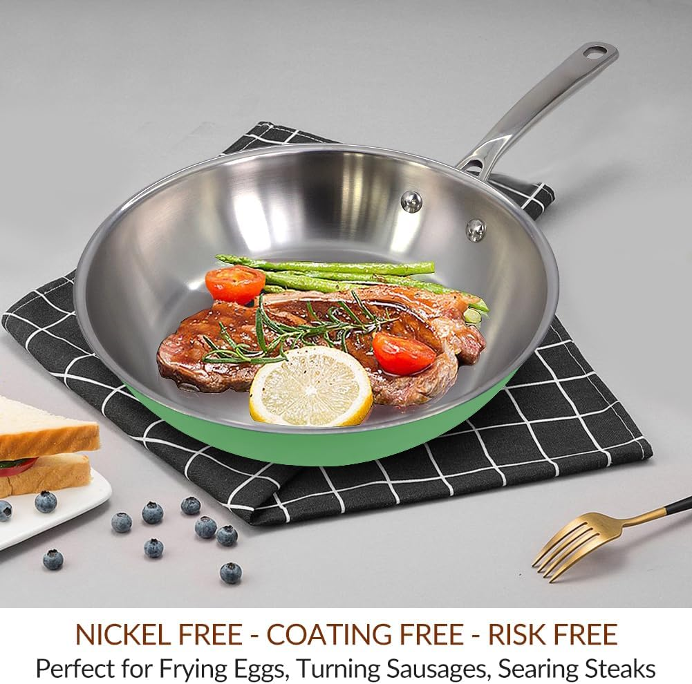 HOMICHEF 24 CM Mint Green Stainless Steel Nickel Free Fry Pan - No Toxic Induction Frying Pan - Non Coating Nickel Free Skillets image number 4