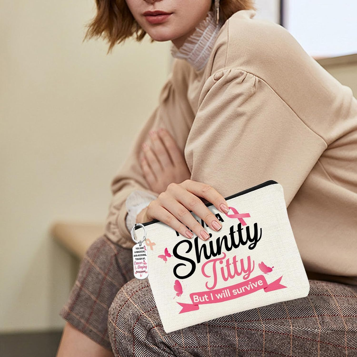 Kuskins Breast Cancer Survivor Gift Set for Women - 2Pcs Makeup Bag and Keychain,Pink Ribbon Awareness Toiletry Bag Set for Women, Survivor Inspirational Gifts image number 6