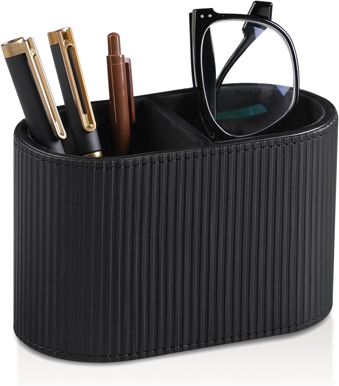 MEIBOOCH PU Leather Pen Holder for Desk, Small Remote Control Holder Pencil Cup Multifunctional Desktop Organizer Caddy for Home School Office Desk Accessories - 2 Compartments (Black)