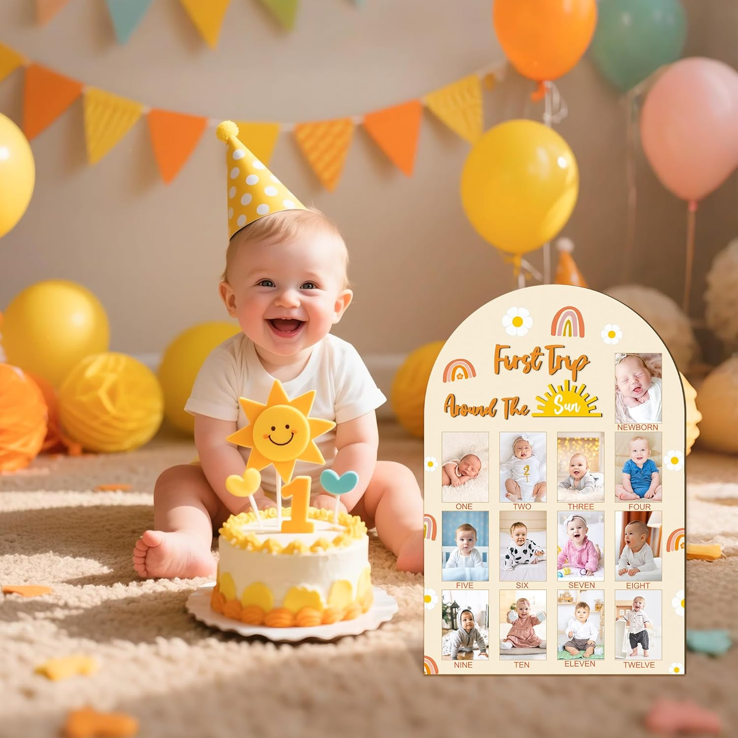 R HORSE My First Year Photo Frame Board, 3D Boho Sun Rainbow Display Wood Board, Baby&rsquo;S 1St Year Picture Frame, 12 Months Milestone One Year Old Birthday Decoration, Baby Keepsake Gift for Boy Girl image number 1