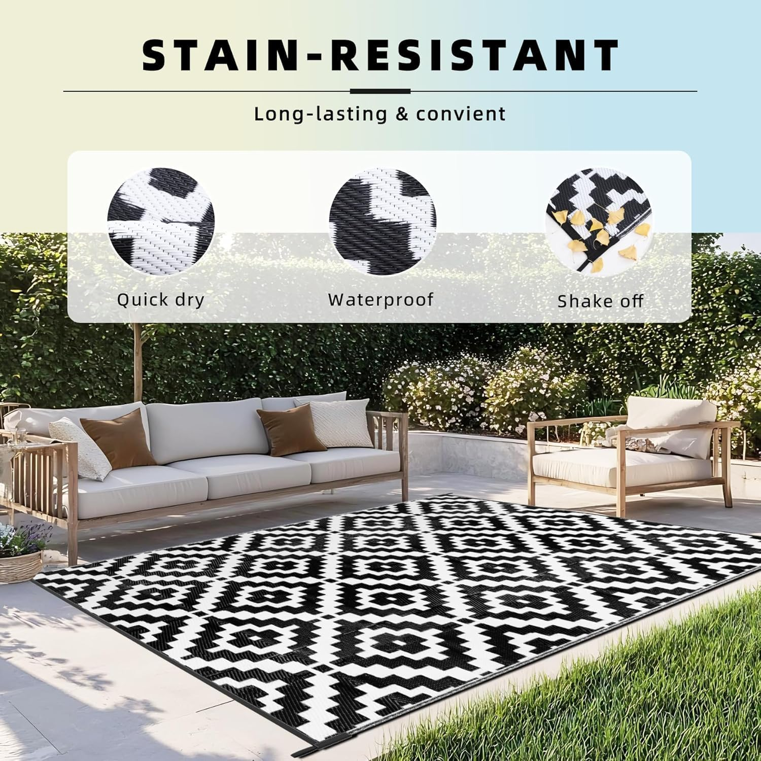 Outdoor Rug, 5X8 Ft Waterproof Reversible Patio Plastic Straw Rugs, for Decor Clearance outside Large RV Camping Area Carpet Mat for Porch Deck Balcony Pool Backyard Picnic Beach Camper Door (Black) image number 4