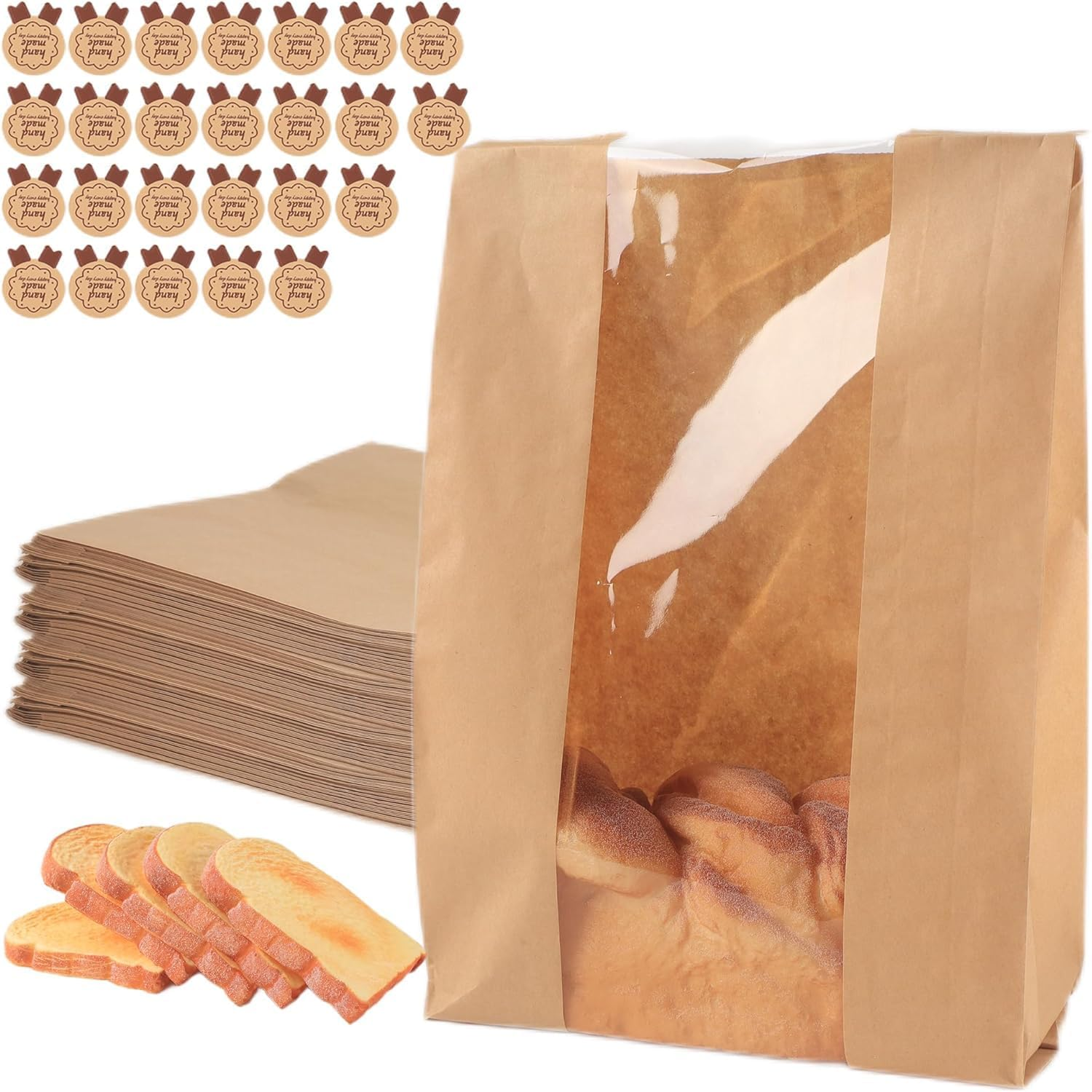 MKUCCD 50PCS Paper Bread Bags with Handmade Stickers, Large Kraft Homemade Bread Sourdough Bags with Clear Window Baked Food Packaging Storage (31X21X9 Inch) image number 5