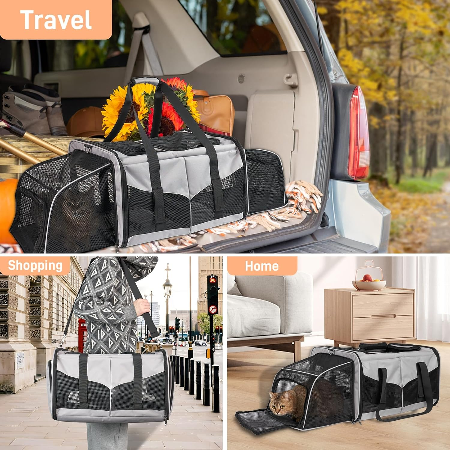 Cat Travel Carrier with Litter Box, Expandable Cat Carrier for 2 Cats for Traveling, Soft Sided Pet Carrier for Cats and Dogs up to 30Lbs, Grey image number 3