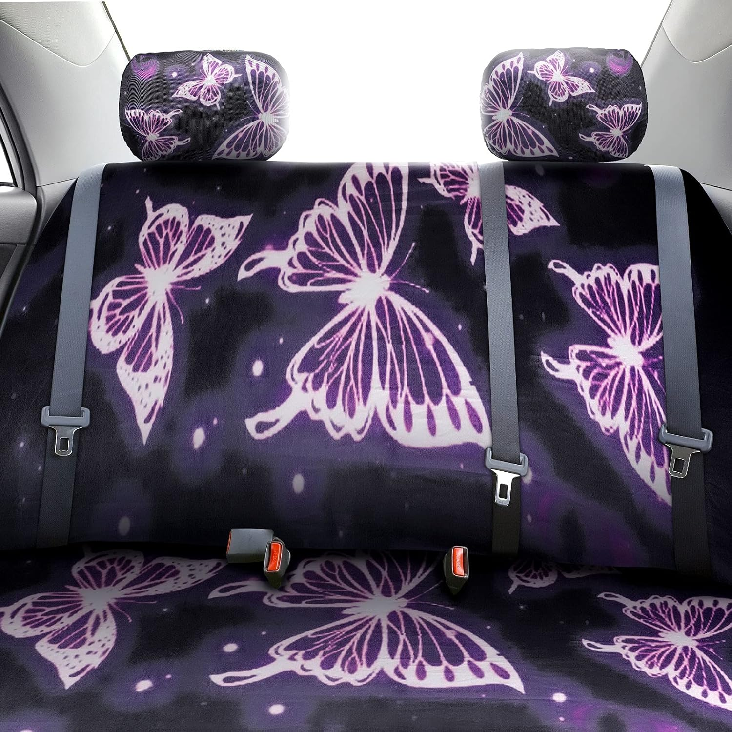 Frienda 24 PCS Butterfly Car Accessories Car Seat Covers Full Set Floor Mats Steering Wheel Cover Seat Belt Pads Center Console Pad Cup Holders for Women(Purple Butterfly Pattern) - Blue Butterfly Pattern image number 3