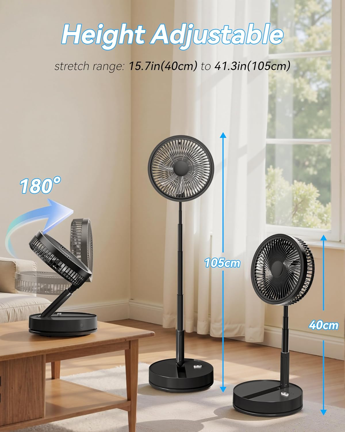 Shanghigh Portable Desk Fan - 4 Speed Quiet Foldable Table Fans, Adjustable Height Standing Floor Fan with 4 Timer, USB Rechargeable Oscillating Desktop Fan for Home Travel Office Bedroom Camping Room