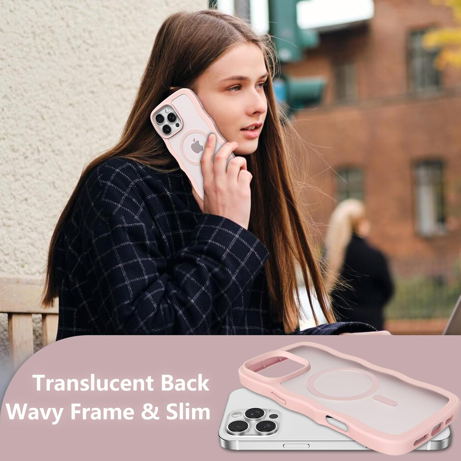 ZTOFERA for Iphone 16 Pro Magnetic Case, Wave Frame Curly Shape Translucent Slim Compatible with Magsafe Bumper Shockproof Protective Phone Cover, Pink image number 7
