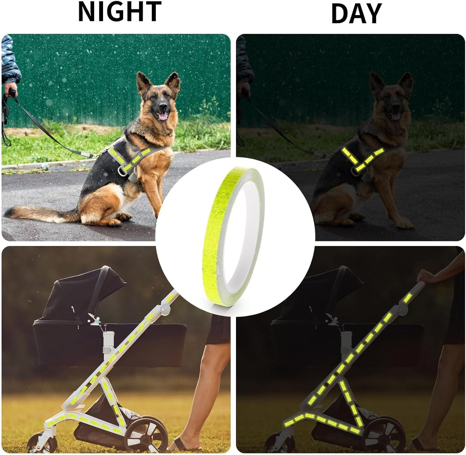 Neon Reflective Tape - 0.4In X 26Ft High-Intensity Safety Tape (Yellow & White), DOT Auto Stickers Adhesive for Bikes, Trailers, Christmas Decorations, Hazard Marking & Night Visibility（2-Pcs） image number 2