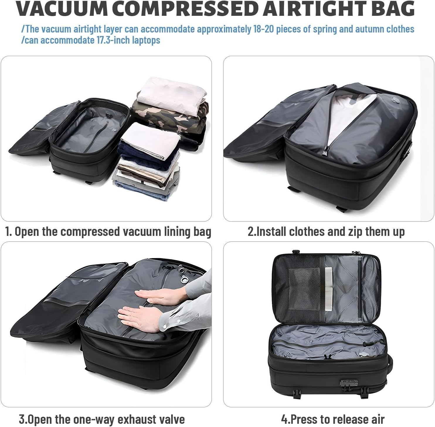 Vacuum Backpack - Water Resistant Expandable Vacpack with Vacuum Compression & 19 Inch Large Capacity, anti Theft Backpack for Travel (Grey) image number 3