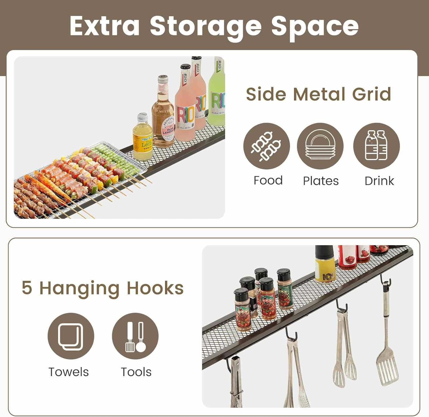 Costway 238 X 134 Cm Grill Gazebo, Outdoor Patio BBQ Canopy W/Steel Shelves, Hooks, Bottle Openers, Extra Shadow, Soft Top Barbecue Picnic Tent Shelter for Backyard Deck Garden Lawn, Sun-Protective image number 1