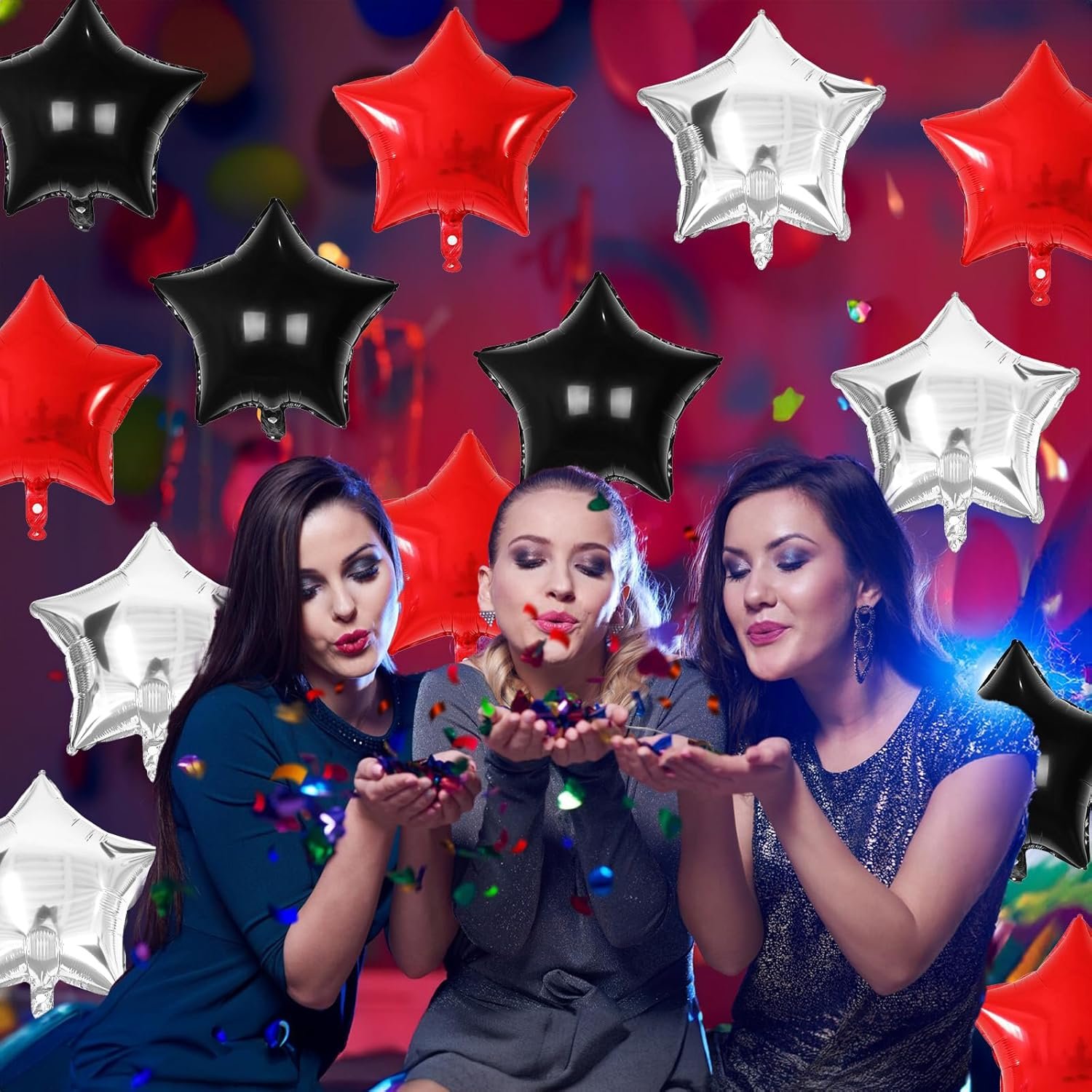 Black Red Star Foil Balloons, 18 Inch Black Silver Pentagram Aluminum Foil Balloons 12 Pcs Large Black Red and Silver Stars Shape Mylar Balloons for Birthday Casino Theme Racing Car Poker Party - Black Red Silver image number 3
