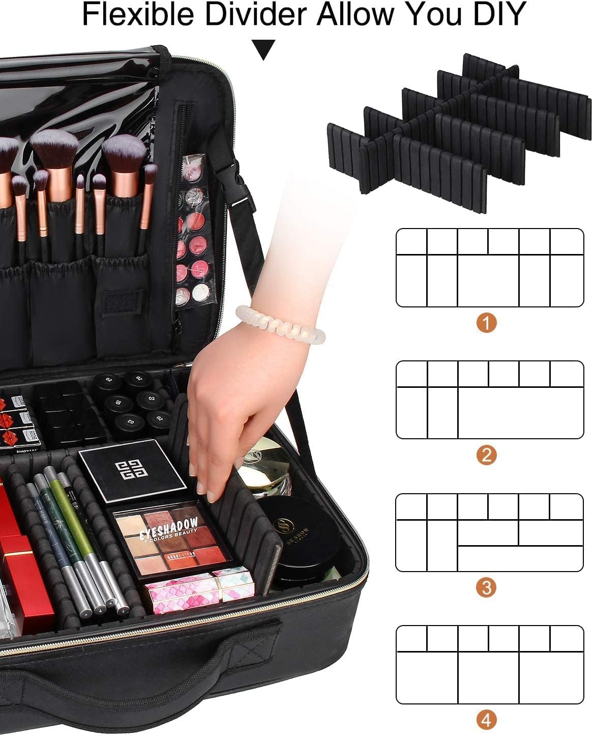 Samtour Makeup Train Case Cosmetic Bag Professional Brush Organizer and Storage Travel Make up Artist Box 3 Layer Large Capacity with Adjustable Strap (Leather Black, Large) image number 3