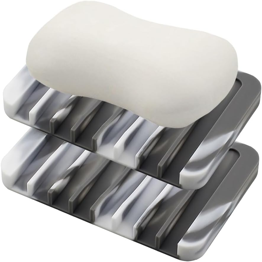 Vekol Self Draining Soap Dishes 2PCS Silicone Soap Holder Waterfall Drainer Soap Saver, Sponge Holder, Dish Soap Tray for Shower, Bathroom, Kitchen, Bath Tub, Razor (White+White)