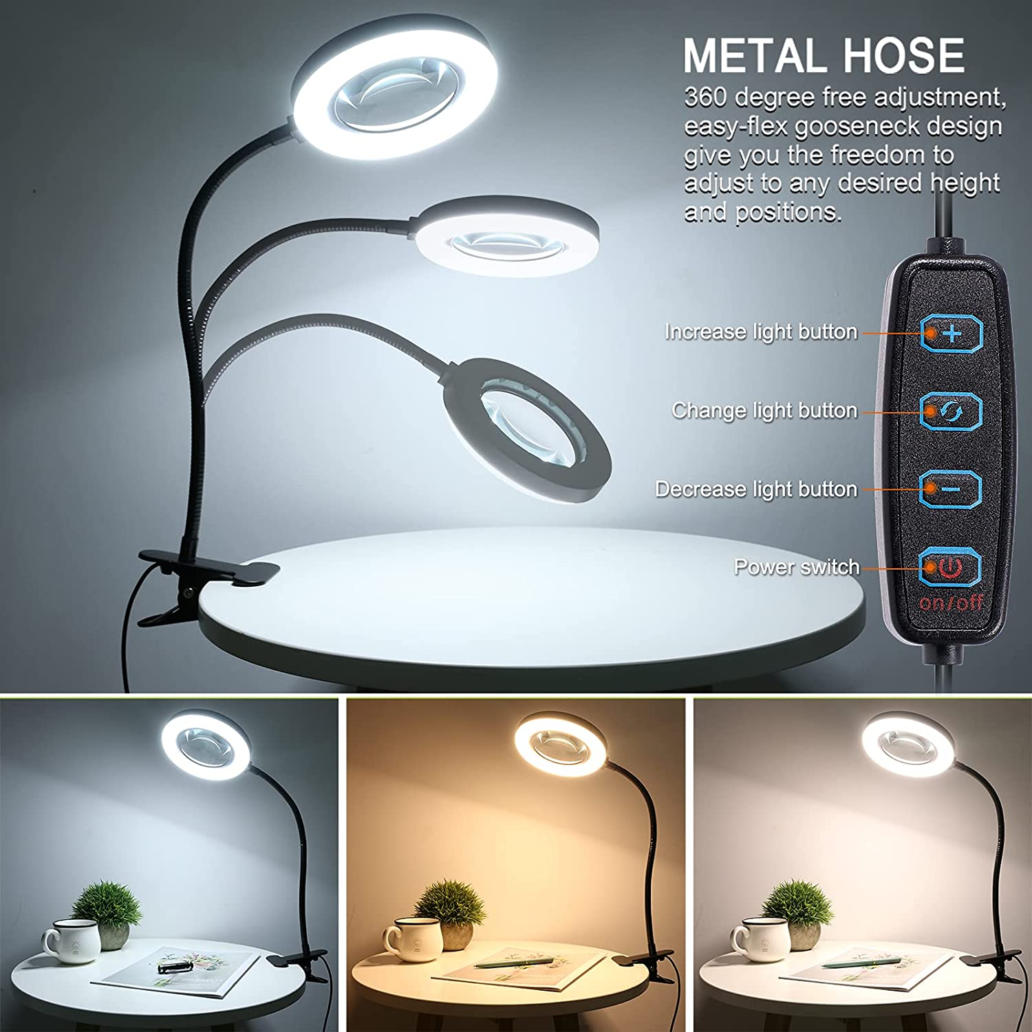 10X Magnifying Glass Lamp with Light Magnifier Light with Clip, Adjustable Flexible Gooseneck, 3 Color Modes Magnifying Lamp with USB Powered, Perfect for Daily Hobbies Repairing, Reading, Crafts image number 5