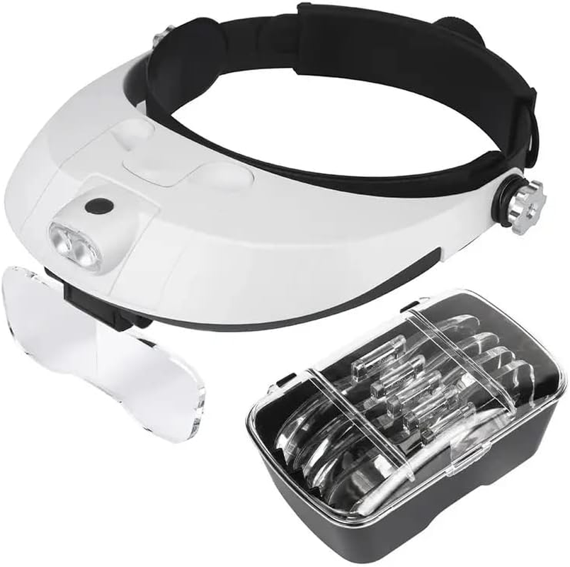 AIMALL 5Pcs Magnifying Lens LED Headband Headset, Adjustable Jeweler Magnifier Loupe with 2 LED Lights, 1.0X to 6.0X Magnification image number 1