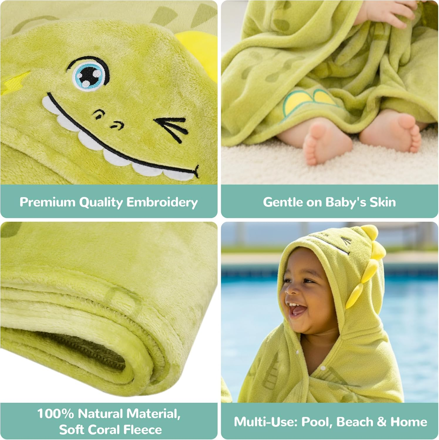 HECCEI Hoodiehug Baby Towels, Premium Coral Fleece Bath Towel with Large Size-Ultra Absorbent for Baby Comfort (Dinosaur) - Dinosaur + Elephant image number 3