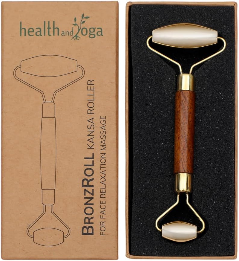 Healthandyoga Bronzroll Kansa Face Roller Fine Wood Grip with Beauty Face Oil - Premium Luster Restoring and Skin Stimulation and Detox Tool - Gentle Soft Tissue Massage Ayurvedic Toning