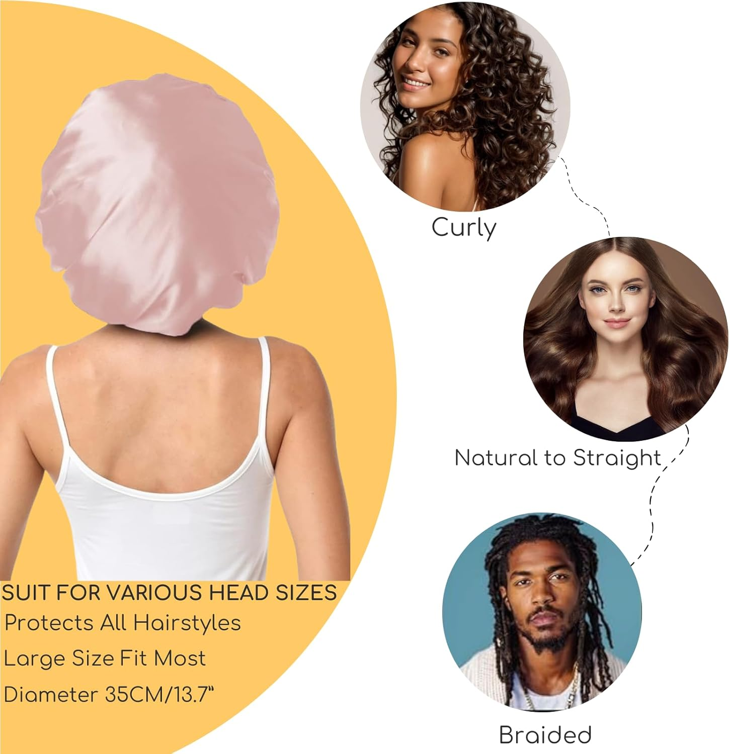 Satin Bonnet for Sleeping-Pink Double Layer Hair Bonnet for Women & Men, Adjustable Strap, Curly Long Hair Protection, Satin Hair Wrap for Night Sleeping Cap