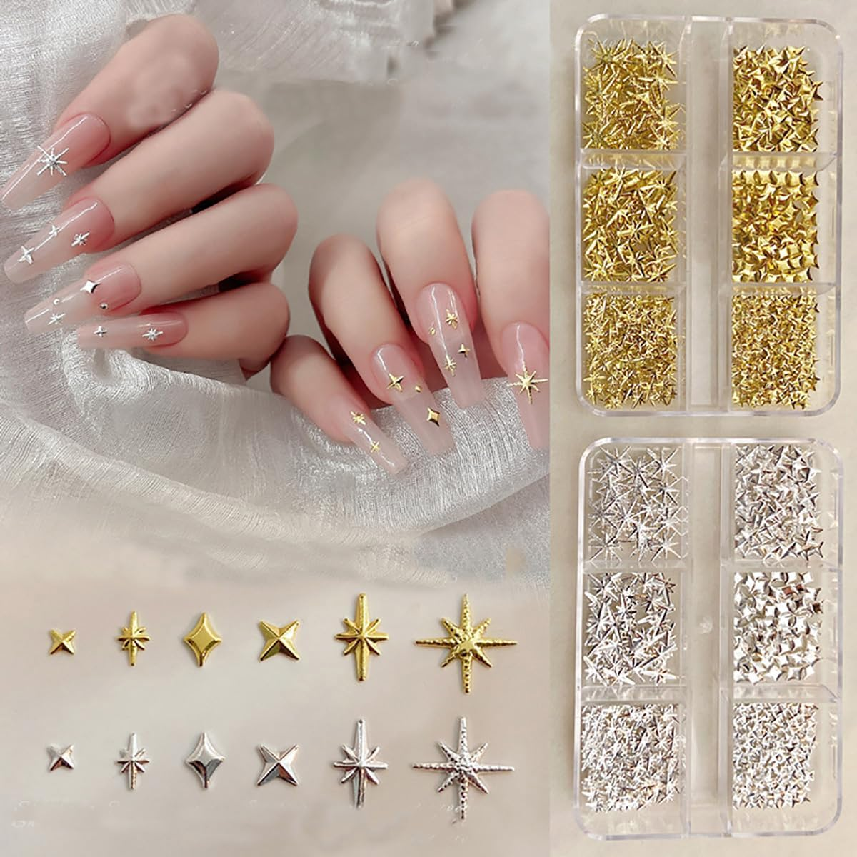 Star Cross Nail Charms - Y2K Nail Star Charms Art - 2 Boxes Silver and Gold Cross Nail Art - Metal Nail Decoration Set - Star Nail Plugs image number 1