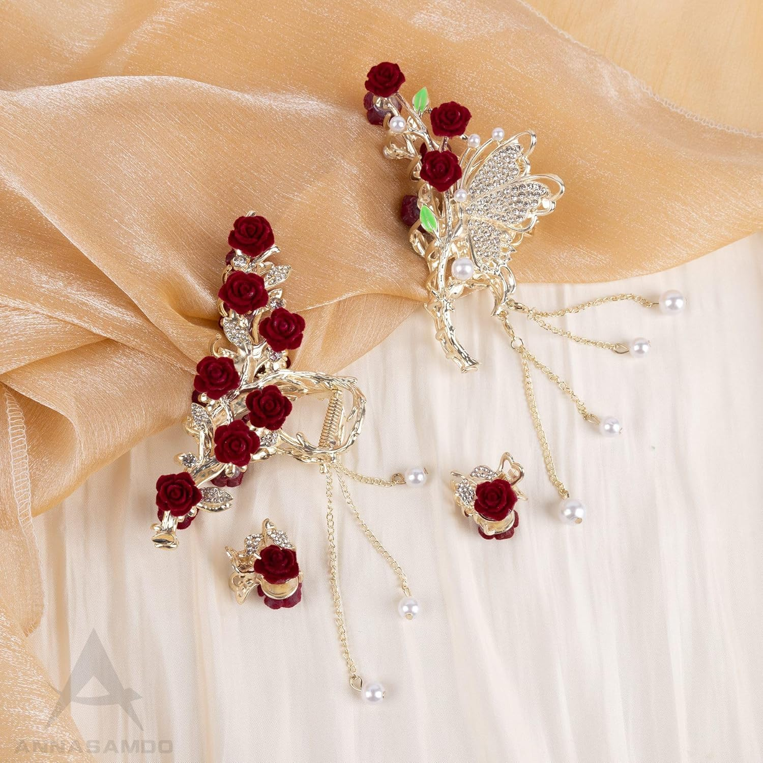 ANNASAMDO Pack of 4 Rose Flower Hair Clips Butterfly Large and Small with Tassel for Women Accessories