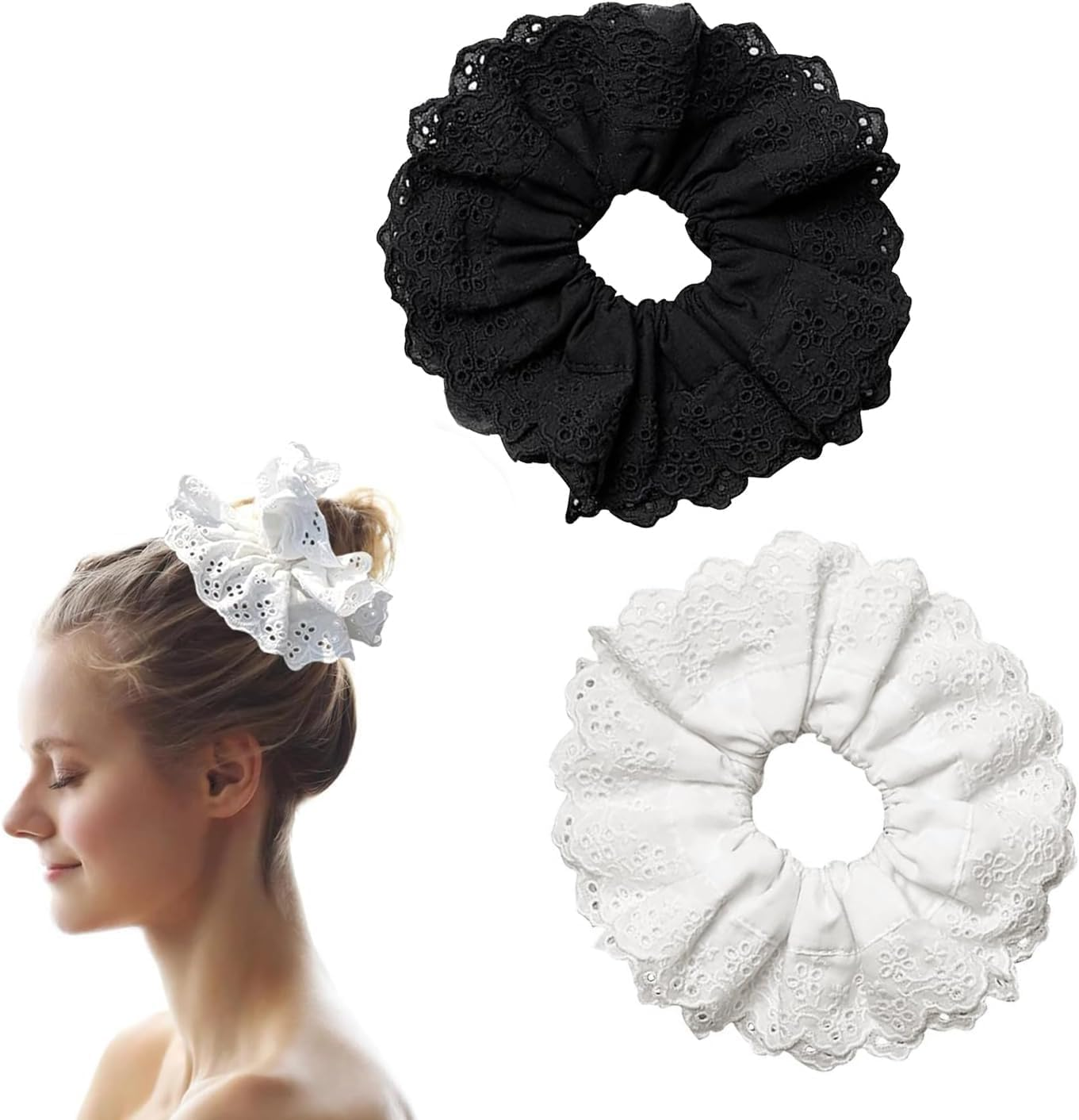 Large Lace Hair Scrunchies, 2Pcs White Lace Scrunchies Large Hair Scrunchies, Lace Double Layer Fancy Satin Hair Scrunchies image number 5