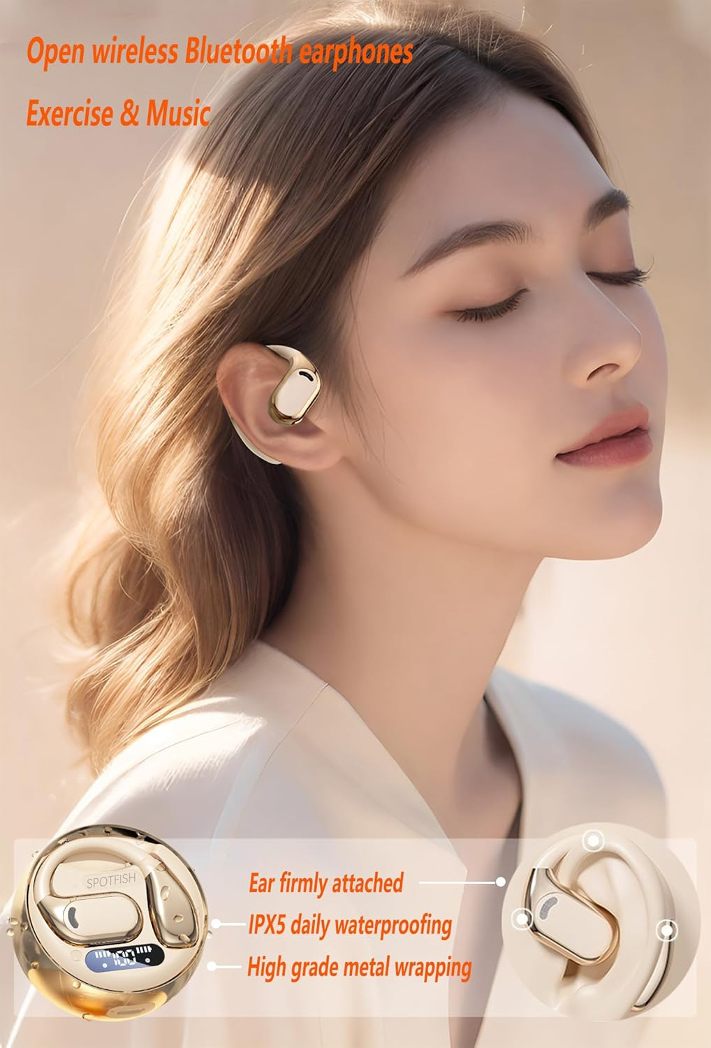 SPOTFISH Open Ear Headphones, True Wireless Earbuds Bluetooth 5.4,Hanging Ear Sports Earphones,Enc Noise Cancelling Clear Calls，Easy Touch Control，Advanced Aesthetics Charging Case-M76 (Beige)