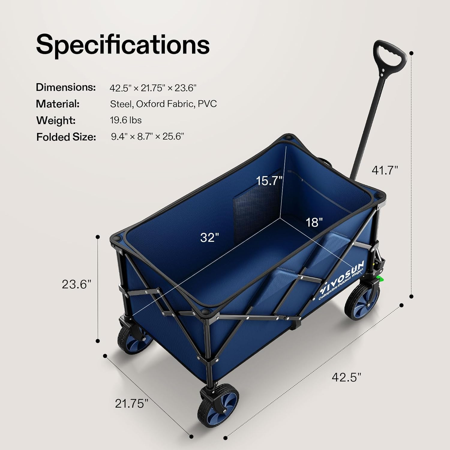 VIVOSUN Heavy Duty Folding Collapsible Wagon Utility Outdoor Camping Cart with Universal Wheels & Adjustable Handle, Blue