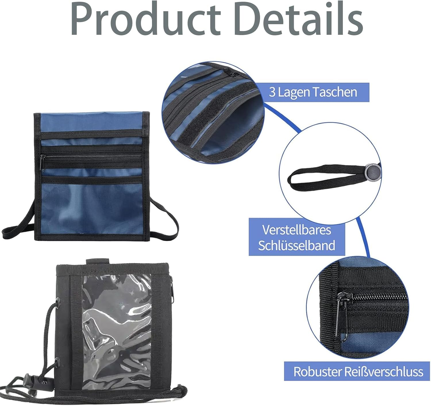 Wilsonzin Pack of 2 Children'S Wallet, Chest Bag, Shoulder Bag, Travel Purse, Bag, Shoulder Bag, Chest Bag for Passport, Credit Cards, Mobile Phone (Black/Blue), Black, Modern image number 3