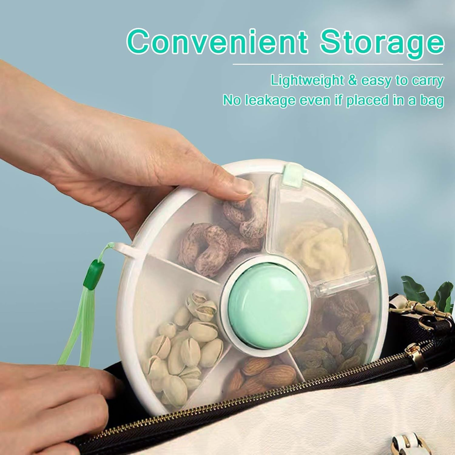Walquicks Snack Spinner with Hand Strap Reusable Snack Container with 5 Compartments and Lid, Portable Melon Candy Seeds Organizer Storage Boxes, Leak-Proof Divided Snack Serving Tray for Travel image number 6