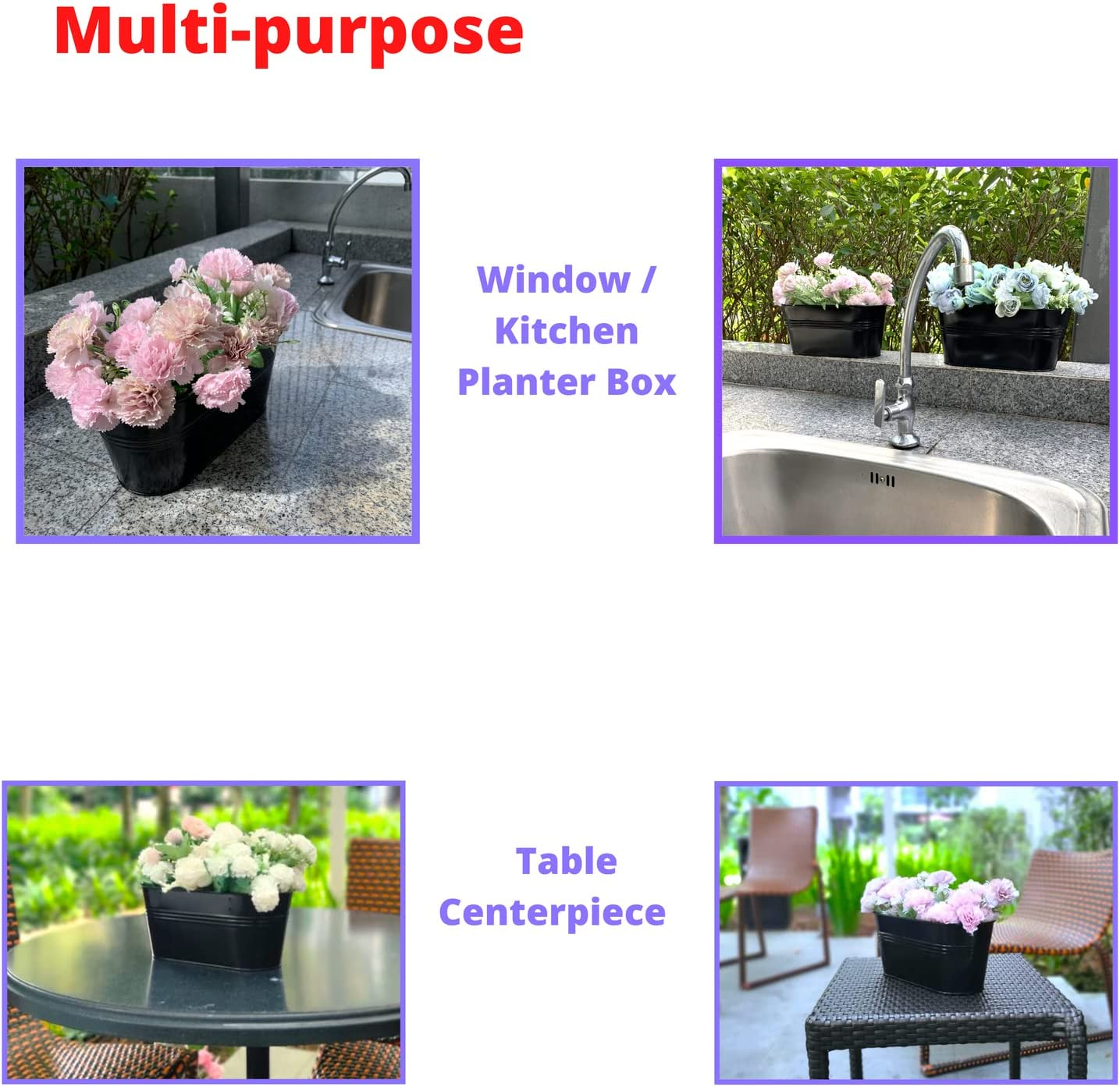 Lalagreen Railing Planter - 2 Pack, 11.2 Inch Black Metal Iron Hanging Flower Pots Deck Rail Fence Hanging Bucket Modern Countryside Style Window Box Plant Holder with Hooks for Outdoor Porch Decors image number 5